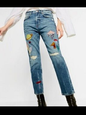 Zara Medium Blue Straight Leg Jeans with Embroidered Patches